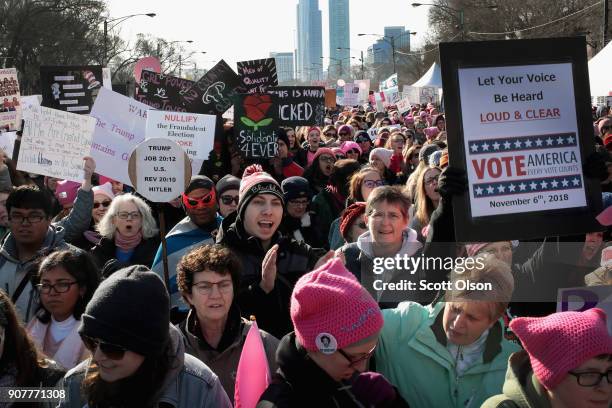 People rally downtown for the Second Annual Womens March on January 20, 2018 in Chicago, Illinois. The march was held to encourage women to fight for...