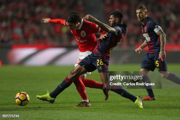 Benfica's midfielder Filip Krovinovic from Croatia vies with GD Chaves defender Djavan from Brazil for the ball possession during the match between...