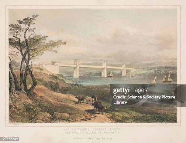 Coloured lithograph drawn and lithographed by G Hawkins. The Britannia Tubular Bridge was designed by Robert Stephenson and was completed in 1850. It...