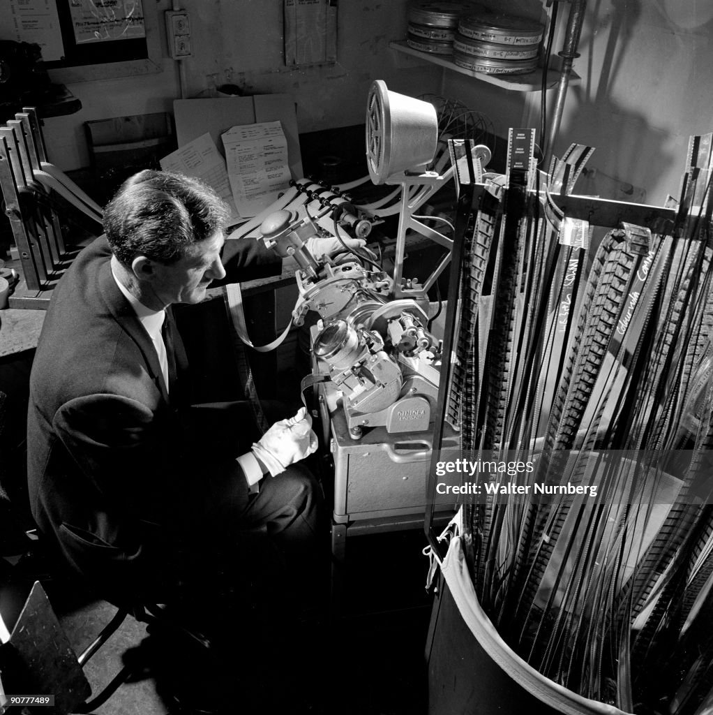 An editor works on a 35mm commercial with a Movieola machine, Soho, 1966.