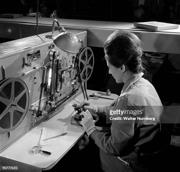 At Sound Services, Merton Park Film Studios, reels with their optical sound tracks are checked and assembled before distribution.Photograph by Walter...