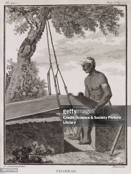 Engraving by Poisson after a painting by Pierre Sonnerat , showing a man using a loom suspended from a tree. He uses strings attached to his feet to...