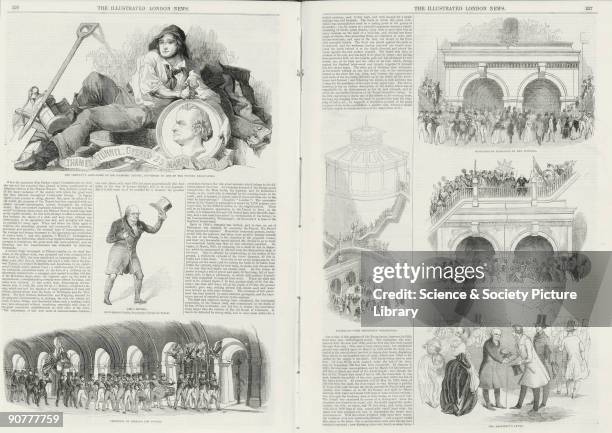 Two page spread taken from the �Illustrated London News� , showing various plates illustrating the opening of the Thames Tunnel. Sir Marc Isambard...