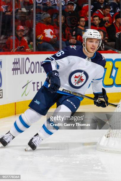 Marko Dano of the Winnipeg Jets in an NHL game on January 20, 2018 at the Scotiabank Saddledome in Calgary, Alberta, Canada.