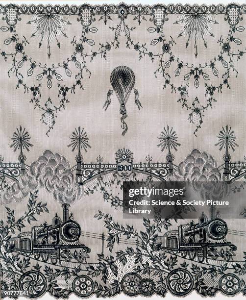 The machine-made lace features symbols of modern progress, a steam locomotive, an electric telegraph and electric lights, a hot air balloon and a...