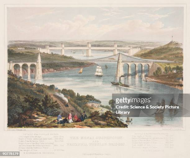 Coloured lithograph by Thomas Picken showing the two bridges built across the Menai Straits in the 19th century. The nearer of the two bridges, the...