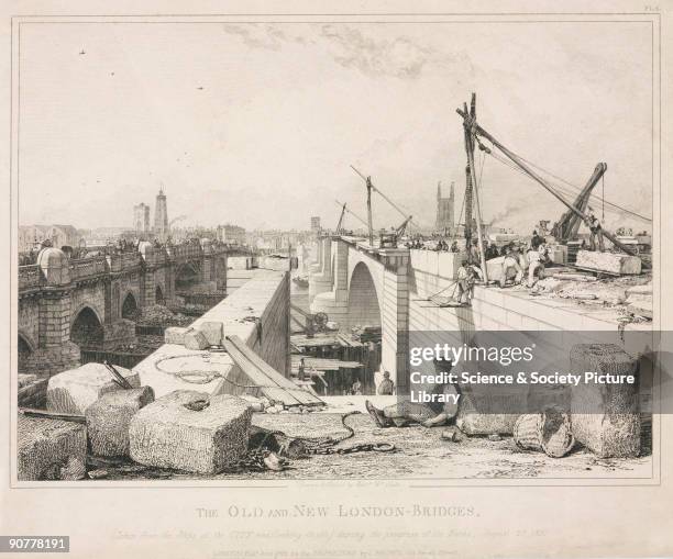 Etching drawn and etched by Edward William Cooke, showing the progress of the works to build the new London Bridge, looking south across the Thames...