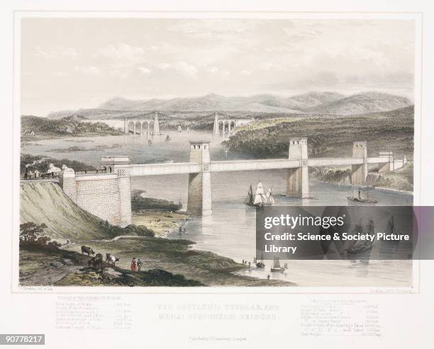 Lithograph drawn and lithographed by G Hawkins showing the two bridges built across the Menai Straits in the 19th century. The Menai Straits road...