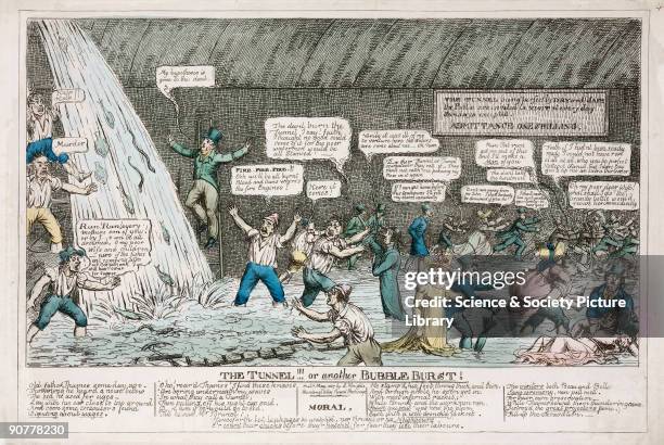 Coloured etching showing people in a tunnel becoming flooded with water, a satire on the hazards of using Brunel�s proposed Thames Tunnel. Sir Marc...