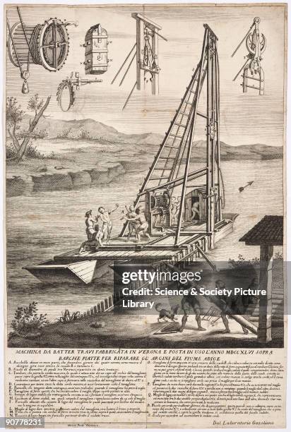 Engraving titled �Machina da Batter travi fabricata in Verona e posta in uso l'anno MDCCXLVI�, . The vessel was a �flat boat for repairing the...