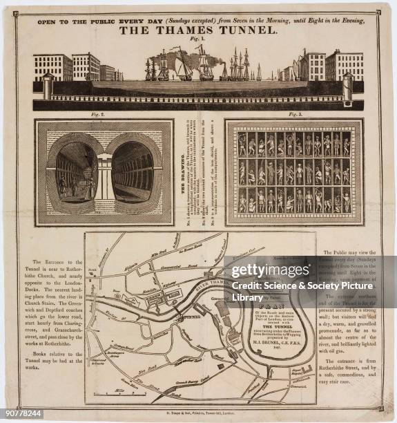 Ilustrated article encouraging readers to visit the construction site of the Thames Tunnel. The illustrations show transverse and cross section views...