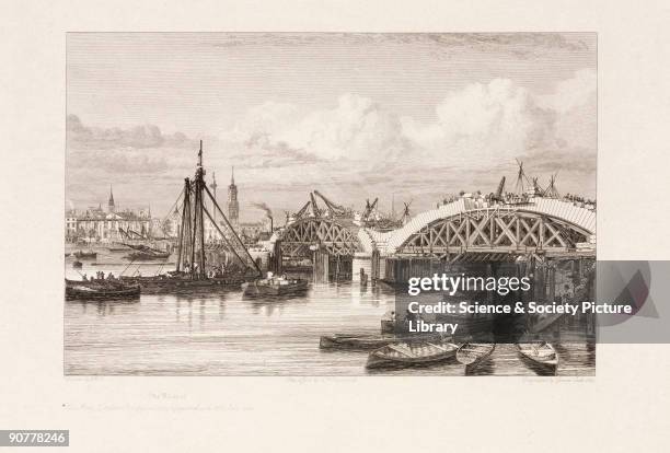 Engraving by E W Cooke showing London Bridge during its construction. Civil engineer John Rennie was commissioned to build a new crossing next to the...