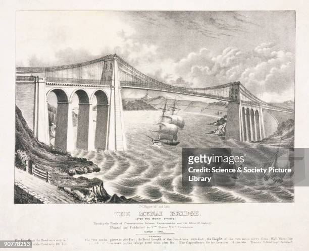 Lithograph drawn and lithographed by J C Napper showing sailing vessels passing beneath the suspension road bridge connecting the Welsh mainland with...