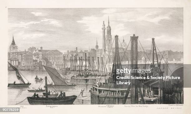 Lithograph showing the new London Bridge during construction, with various distant landmarks identified, including Old Swan Stairs, Fishmongers Hall,...