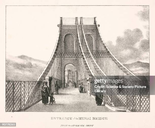 Lithograph. The suspension road bridge connecting the Welsh mainland with Anglesey across the Menai Straits was designed by Thomas Telford and was...