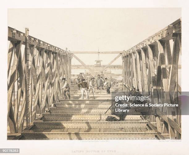 Tinted lithograph by Kell Brothers showing the construction of the Victoria Bridge at Montreal, Canada. The Victoria Bridge was built to carry the...