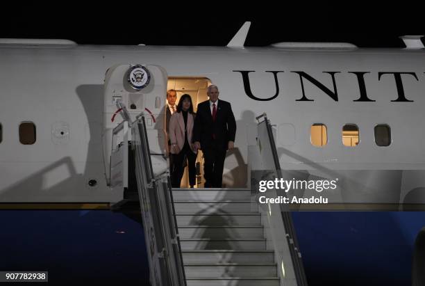 Vice President Mike Pence and his wife Karen Pence arrive at Amman Airport during their visit in Amman, Jordan on January 20, 2018.