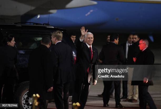 Vice President Mike Pence greets people as he arrives at Amman Airport during their visit in Amman, Jordan on January 20, 2018.