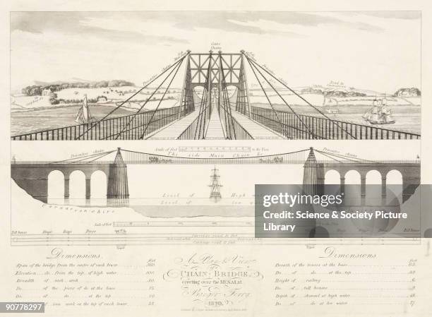 Aquatint. The suspension road bridge connecting the Welsh mainland with Anglesey across the Menai Straits was designed by Thomas Telford and was...