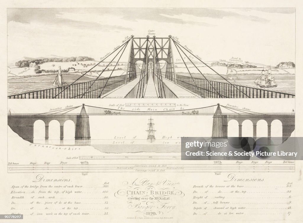�A Plan & View of a Chain Bridge erecting over the Menai at Bangor Ferry�, 1820.