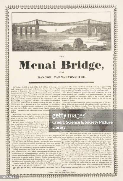 Broadsheet with letterpress text and woodcut illustration. The suspension road bridge connecting the Welsh mainland with Anglesey across the Menai...