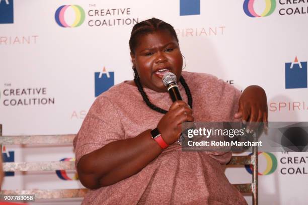 Actor Gabourey Sidibe speaks at the 2018 Creative Coalition Leading Women's Luncheon Presented By Aspiriant during Sunfance 2018 on January 20, 2018...