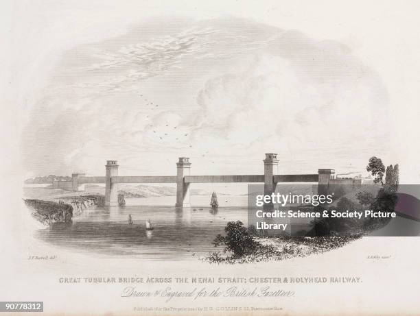 Engraving by A Ashley after an original drawing by J F Burrell. The Britannia Tubular Bridge was designed by Robert Stephenson and was completed in...