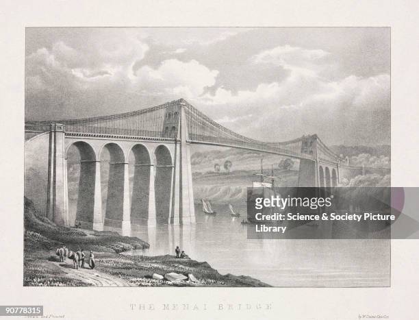 Lithograph drawn and lithographed by W Crane. The suspension road bridge connecting the Welsh mainland with Anglesey across the Menai Straits was...