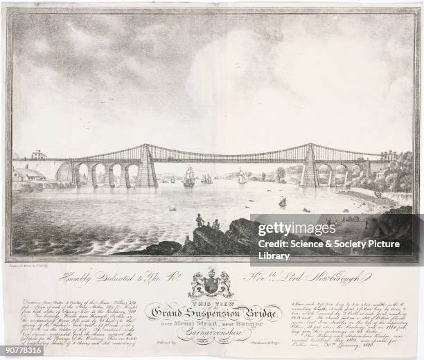 Print after an original drawing on stone by T Kelly. The suspension road bridge connecting the Welsh mainland with Anglesey across the Menai Straits...