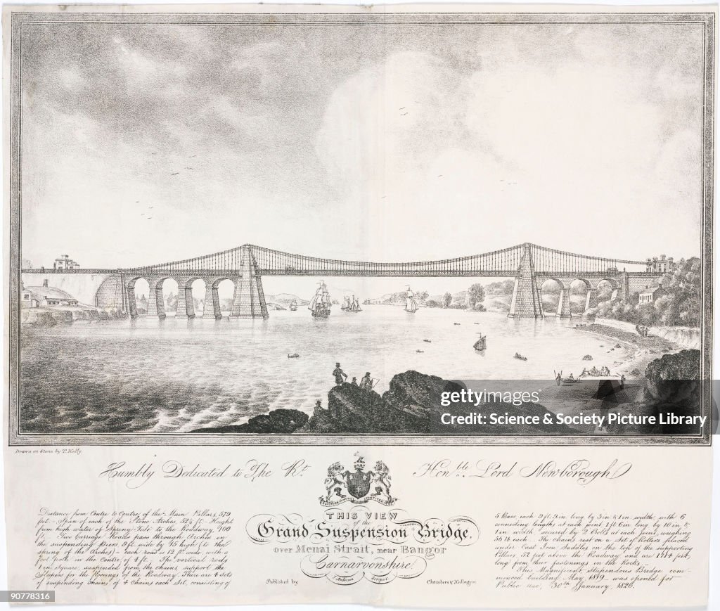 The Menai Bridge, Wales, c 1830.
