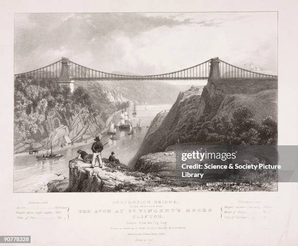 Lithograph by G Childs after a sketch by S Jackson, showing the suspension bridge spanning the River Avon 245 feet above the water designed by...