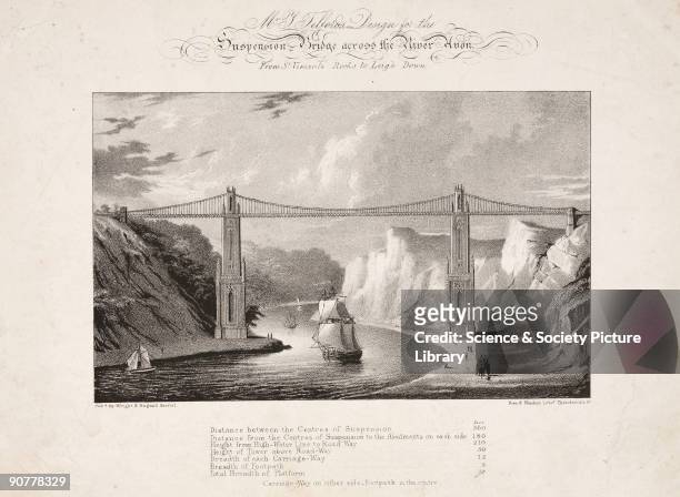Lithograph by Bean & Monday. In 1829 a competition was staged to design a bridge spanning the Avon Gorge at St Vincent�s Rocks near Clifton. The...