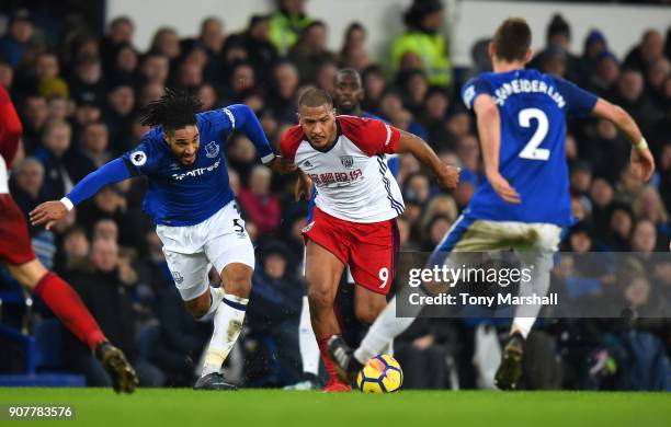 Ashley Williams of Everton tackles Salomon Rondon of West Bromwich Albion during the Premier League match between Everton and West Bromwich Albion at...