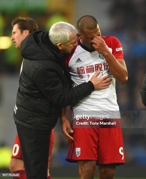 West Bromwich Albion Manager Alan Pardew consoles Salomon Rondon of West Bromwich Albion after his tackle on James McCarthy of Everton during the...