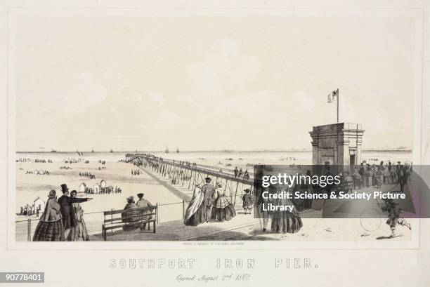 Lithograph by F M Jones showing the seafront at the holiday resort of Southport and the town�s pier, which opened on 2 August 1860. The pier at...