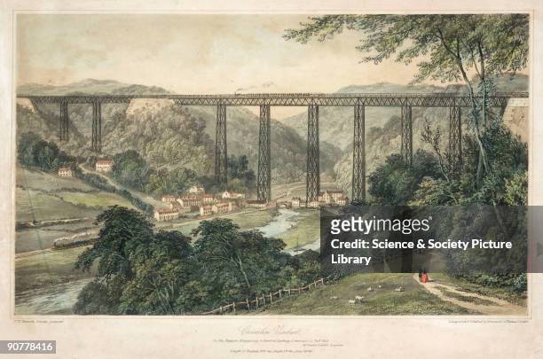 Coloured lithograph of the Crumlin Viaduct on the Taff Vale Extension of the West Midland Railway. Crumlin Viaduct was considered to be one of the...