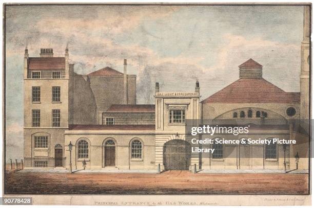 Hand-coloured lithograph by T Faulkner, architect of the Gas Light & Coke Company buildings in Westminster showing the principal entrance to the gas...
