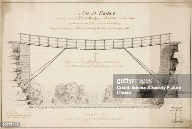 Drawing by J S of �A Chain Bridge, commonly called the Winch bridge near Middleton in Teesdale, supported from two Rocks, upon two Iron Chains....