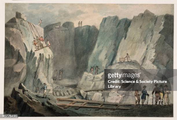 Watercolour by John Nixon, showing Lord Penrhyn's slate quarry near Bangor. The painting is signed with initials and dated 1807, but on reverse is...
