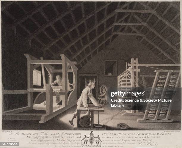 Stipple engraving by William Hincks showing the manufacture of linen. A man is spinning flax at the back of the room, while in the foreground a man...