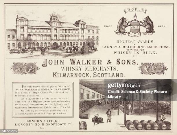 John Walker & Sons were whisky producers and merchants at Kilmarnock in Scotland. The advertisement features views of the interior and exterior of...