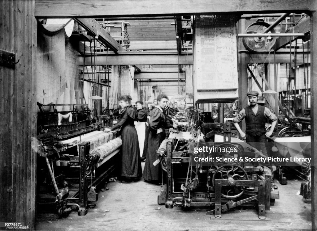 Power looms using Jacquard cards, Darvel, East Ayrshire, c 1900.