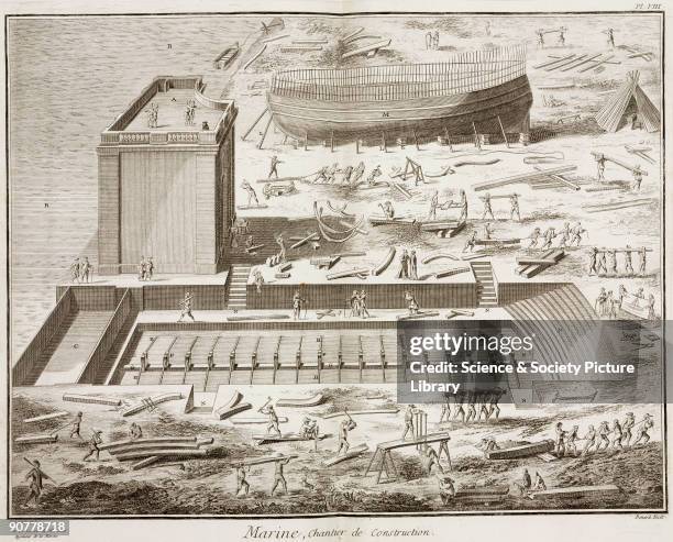 Engraving by Benard after Goussier from drawings by Belin, naval engineer, showing shipbuilders sawing planks and chopping wood, while overseers...