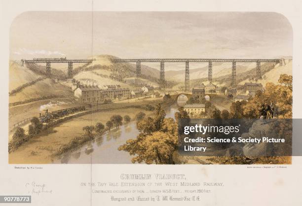 Coloured lithograph of the Crumlin Viaduct on the Taff Vale Extension of the West Midland Railway. Crumlin Viaduct was considered to be one of the...