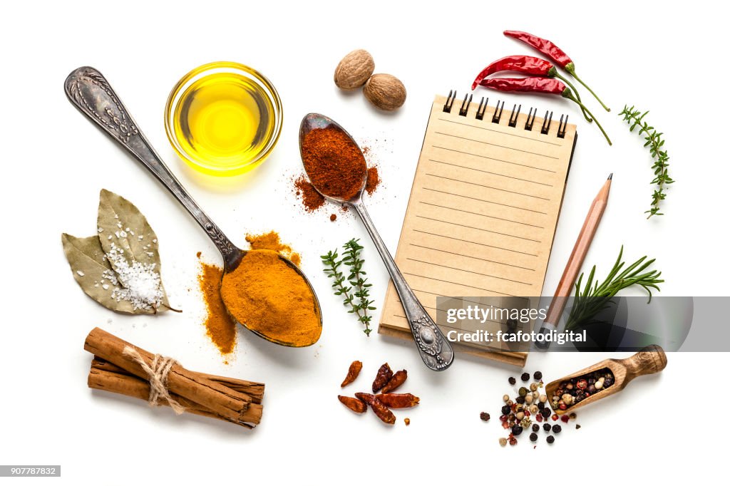 Blank cookbook and spices