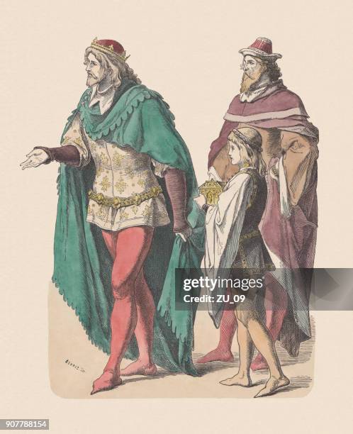 ilustraciones, imágenes clip art, dibujos animados e iconos de stock de príncipe, página y noble, del siglo xiv, coloreado a mano grabado en madera, publican c.1880 - abrigo de colores