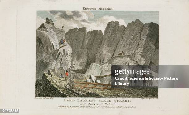 Engraving with additional colour by S Rawle after a drawing by J Nixon, of a monumental open cast mining landscape. Slate has been mined here since...