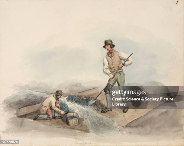 Watercolour entitled �Buddleing�, showing two men on a makeshift raft with a bucket of lead and shovel. A buddle is a shallow vat in which ore is...