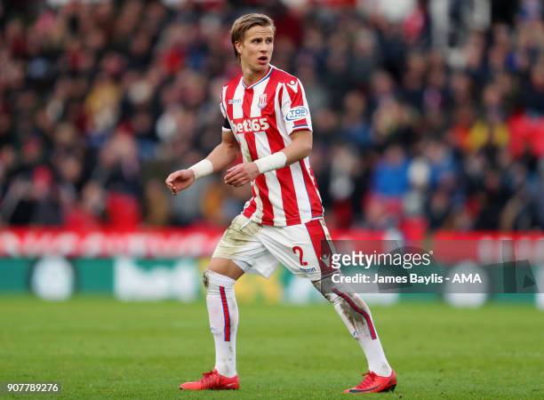 Moritz Bauer of Stoke City during the Premier League match between Stoke City and Huddersfield Town at Bet365 Stadium on January 20, 2018 in Stoke on...