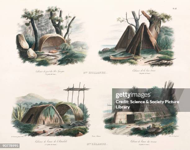 Lithograph by de Langlume, drawn and painted by de Sainson, showing dwellings in what is now Australia , and New Zealand , with their heights: Port...